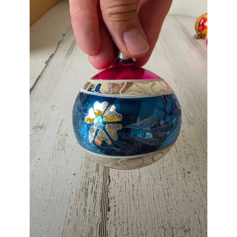 Vintage poland? Floral Mica mercury glass pink blue ornament Xmas tree floral